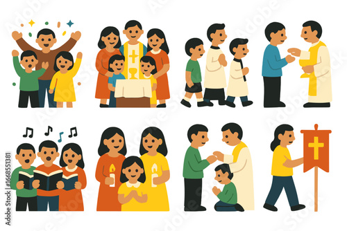 Festive Parishioner Icons. Flat vector mini-illustrations Parishioner celebrations in colors children's illustrations: group