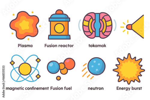 Fusion Energy Icons. Flat vector mini-illustrations fusion energy in colors children's illustrations: plasma, fusion reactor,