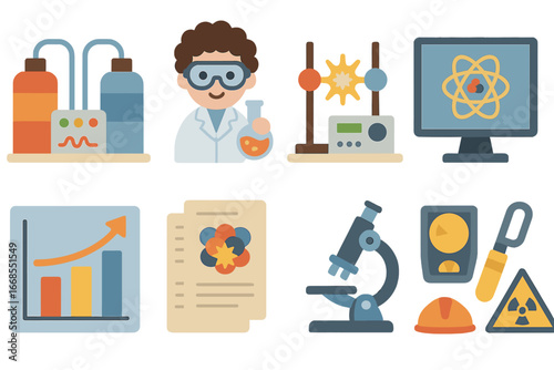 Fusion Research Icons. Flat vector mini-illustrations fusion research in colors children's illustrations: laboratory, scientist,