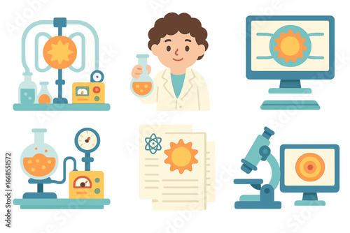 Fusion Research Icons. Flat vector mini-illustrations fusion research in colors children's illustrations: laboratory, scientist,