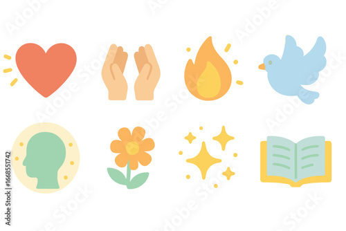 Healing Icons Grid. Flat vector mini-illustrations Healing soul in colors children's illustrations: glowing heart, soothing hands,