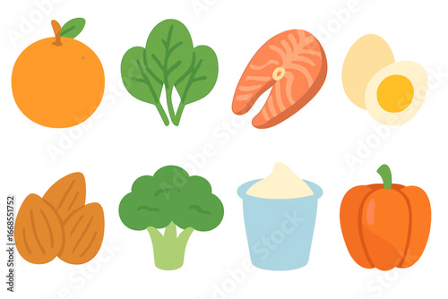 Healthy Food Icons. Flat vector mini-illustrations healthy foods with vitamins in colors children's illustrations: orange, spinach