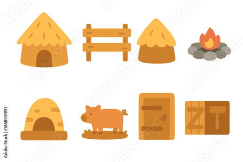 Iron Age Roundhouse Icons. Flat vector mini-illustrations Iron Age housing in colors children's illustrations: roundhouse, wooden