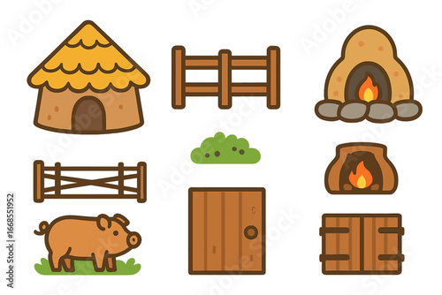 Iron Age Roundhouse Icons. Flat vector mini-illustrations Iron Age housing in colors children's illustrations: roundhouse, wooden