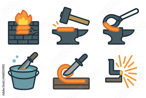 Iron Forging Steps. Flat vector mini-illustrations iron forging process in colors children's illustrations: heating iron,