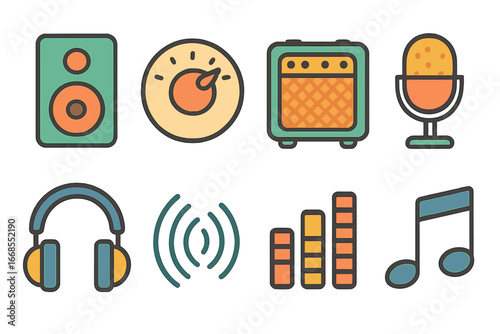 Kid's Sound Icons. Flat vector mini-illustrations sound booster in colors children's illustrations: speaker, volume knob,