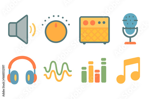 Kid's Sound Icons. Flat vector mini-illustrations sound booster in colors children's illustrations: speaker, volume knob,