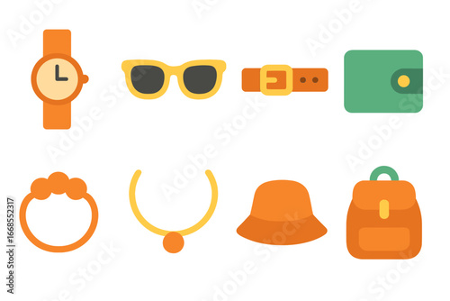 Kids' Budget Accessories. Flat vector mini-illustrations cheap accessories in colors children's illustrations: simple watch,
