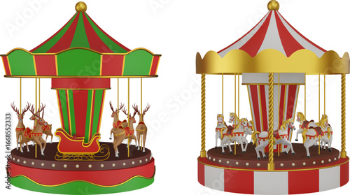 set of 3d carousel. carousel with horse and christmas carousel with reindeers. christmas toys
