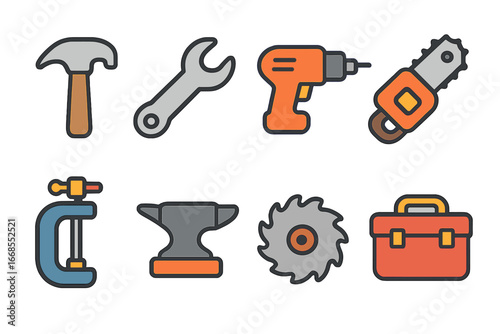 Kids' Tool Icons. Flat vector mini-illustrations toughness in tools in colors children's illustrations: hammer, wrench, drill,