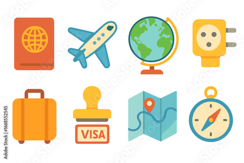 Kids' Travel Icons. Flat vector mini-illustrations international travel in colors children's illustrations: passport, airplane,