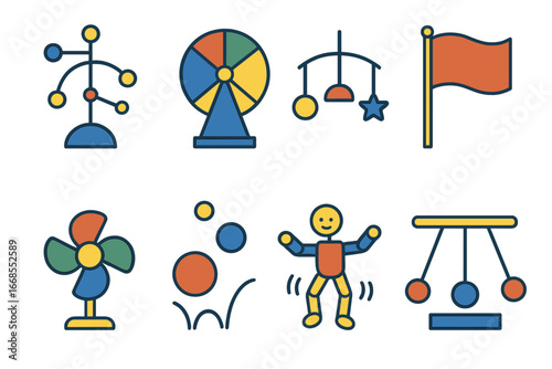 Kinetic Art Icons. Flat vector mini-illustrations kinetic art in colors children's illustrations: kinetic sculpture, spinning