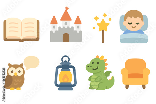Magical Storytime Icons. Flat vector mini-illustrations storytime in colors children's illustrations: open storybook, fairy tale