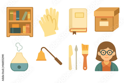 Manuscript Preservation Icons. Flat vector mini-illustrations manuscript preservation in colors children's illustrations: bookcase