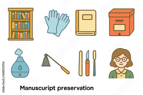 Manuscript Preservation Icons. Flat vector mini-illustrations manuscript preservation in colors children's illustrations: bookcase