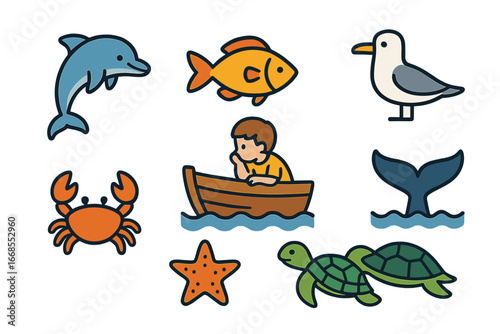 Marine Life Icons. Flat vector mini-illustrations boat wildlife in colors children's illustrations: dolphin, fish, seagull, crab,