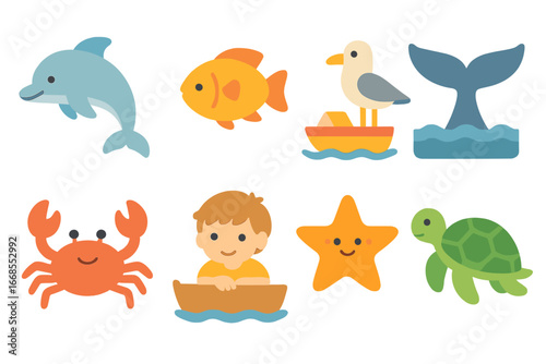 Marine Life Icons. Flat vector mini-illustrations boat wildlife in colors children's illustrations: dolphin, fish, seagull, crab,