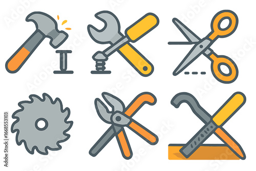 Metallic Tools Grid. Flat vector mini-illustrations metallic tools in colors children's illustrations: hammer striking nail,