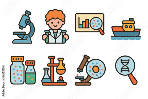 Microplastic Research Icons. Flat vector mini-illustrations microplastic research in colors children's illustrations: microscope,