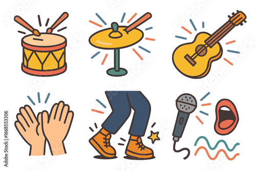 Musical Kids Icons. Flat vector mini-illustrations musical impact in colors children's illustrations: drum hit, cymbal crash,
