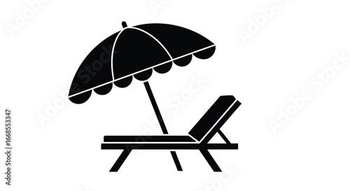 Vector illustration of black silhouette of a beach chair and umbrella