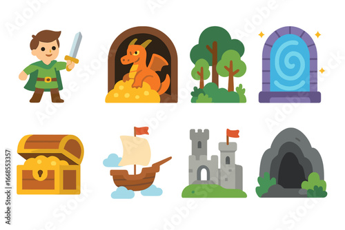 Mythic Adventures Icons. Flat vector mini-illustrations mythic adventures in colors children's illustrations: hero with sword,