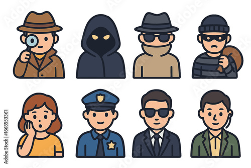 Mystery Characters Grid. Flat vector mini-illustrations mystery characters in colors children's illustrations: detective,
