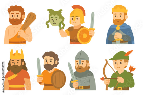 Mythical Heroes Icons. Flat vector mini-illustrations mythological heroes in colors children's illustrations: Hercules, Perseus,