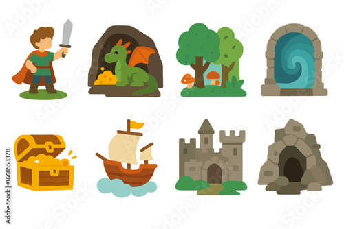 Mythic Adventures Icons. Flat vector mini-illustrations mythic adventures in colors children's illustrations: hero with sword,