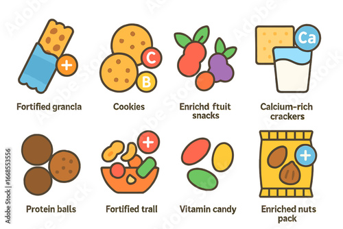 Nutrient-Rich Snack Icons. Flat vector mini-illustrations nutrient enriched snacks in colors children's illustrations: fortified