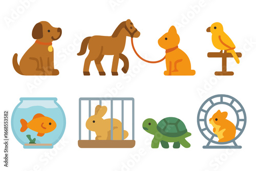 Obedient Animal Icons. Flat vector mini-illustrations Obedient animals in colors children's illustrations: dog sitting, horse