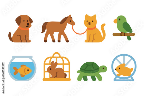 Obedient Animal Icons. Flat vector mini-illustrations Obedient animals in colors children's illustrations: dog sitting, horse
