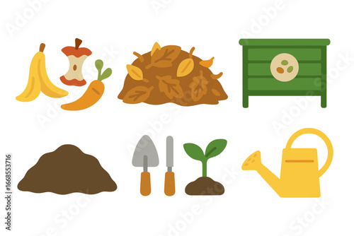 Organic Composting Icons. Flat vector mini-illustrations organic waste and composting in colors children's illustrations: food