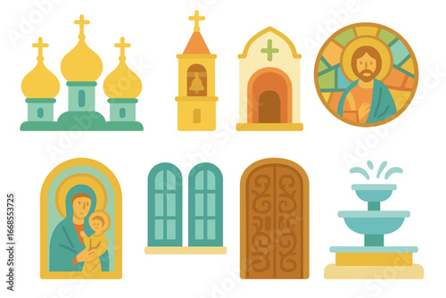 Orthodox Architecture Icons. Flat vector mini-illustrations orthodox architecture in colors children's illustrations: onion domes,