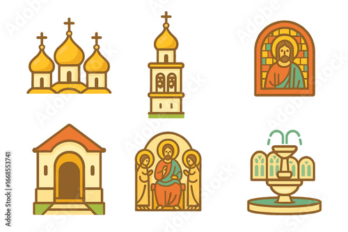 Orthodox Architecture Icons. Flat vector mini-illustrations orthodox architecture in colors children's illustrations: onion domes,