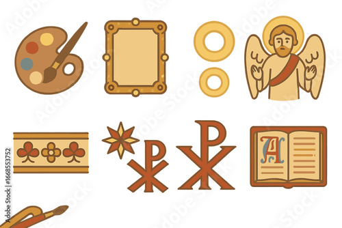 Orthodox Art Grid. Flat vector mini-illustrations orthodox religious art in colors children's illustrations: icon painter’s