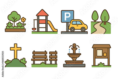 Parish Grounds Icons. Flat vector mini-illustrations Parish grounds in colors children's illustrations: garden, playground,