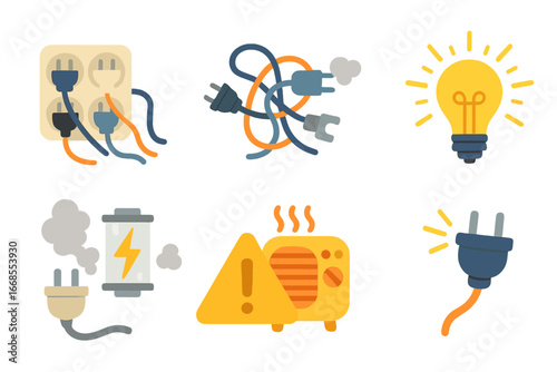 Overloaded Electrical Icons. Flat vector mini-illustrations electrical appliance overload in colors children's illustrations:
