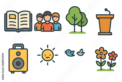 Outdoor Sermon Scene. Flat vector mini-illustrations outdoor sermon in colors children's illustrations: open bible, crowd, trees,