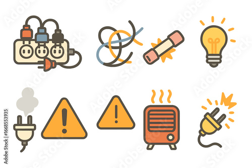 Overloaded Electrical Icons. Flat vector mini-illustrations electrical appliance overload in colors children's illustrations: