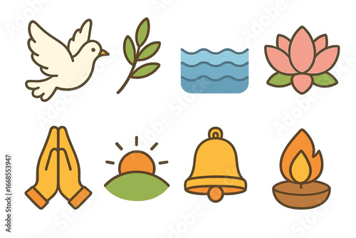 Peaceful Monk Symbols. Flat vector mini-illustrations Monk symbols of peace in colors children's illustrations: dove, olive branch