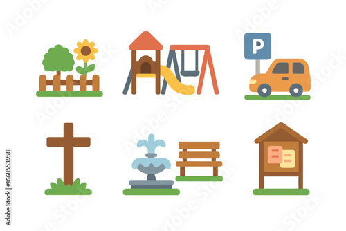 Parish Grounds Icons. Flat vector mini-illustrations Parish grounds in colors children's illustrations: garden, playground,