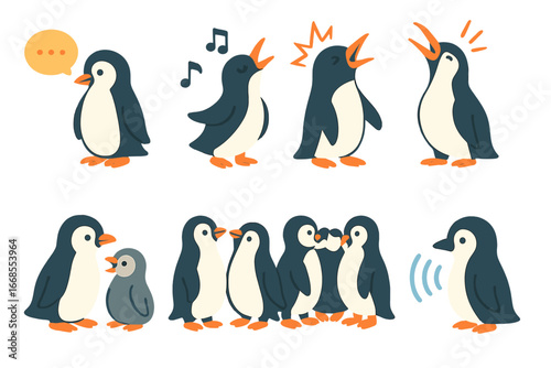 Penguin and Albatross Icons. Flat vector mini-illustrations penguin vocalizations in colors children's illustrations: call bubble,