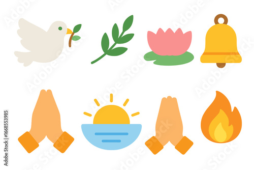 Peaceful Monk Symbols. Flat vector mini-illustrations Monk symbols of peace in colors children's illustrations: dove, olive branch