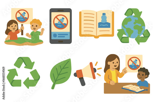Plastic Island Awareness Icons. Flat vector mini-illustrations plastic island awareness in colors children's illustrations: