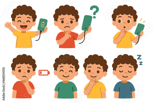 Power Bank Emotions. Flat vector mini-illustrations power bank emotions in colors children's illustrations: child happy with