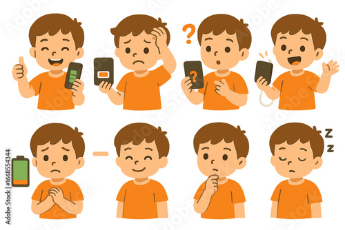 Power Bank Emotions. Flat vector mini-illustrations power bank emotions in colors children's illustrations: child happy with