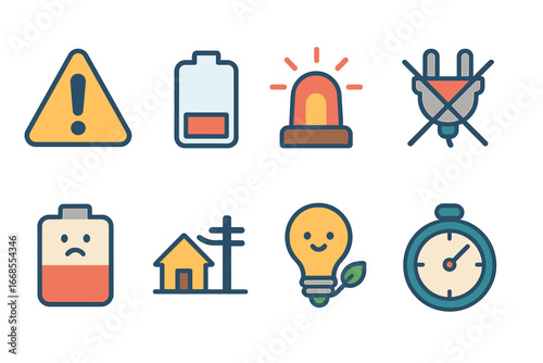 Power Drain Warnings. Flat vector mini-illustrations power drain warnings in colors children's illustrations: alert sign, low