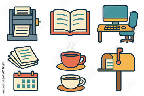 Publisher's Office Icons. Flat vector mini-illustrations publisher office in colors children's illustrations: printing press, open
