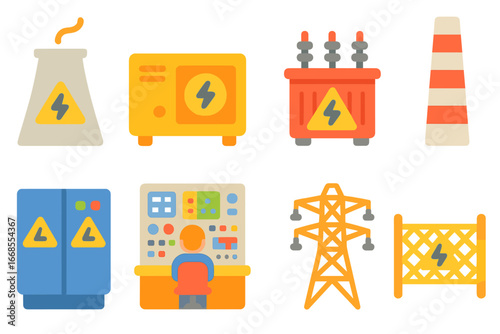 Power Plant Icons. Flat vector mini-illustrations high voltage power plant in colors children's illustrations: cooling tower,